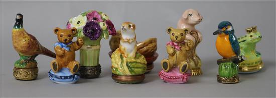 Halcyon Days Porcelain - four desk seals and two seated teddy bears and three enamel boxes, none boxed.